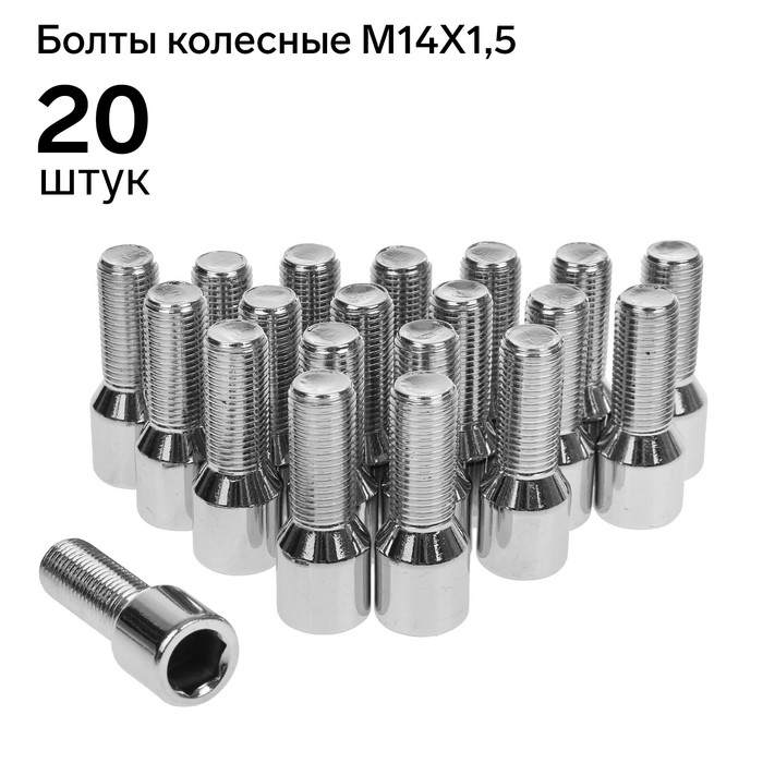 Болт 14 x 1,5 мм, длина 52/31 мм, под шестигранник, хром, набор 20 шт