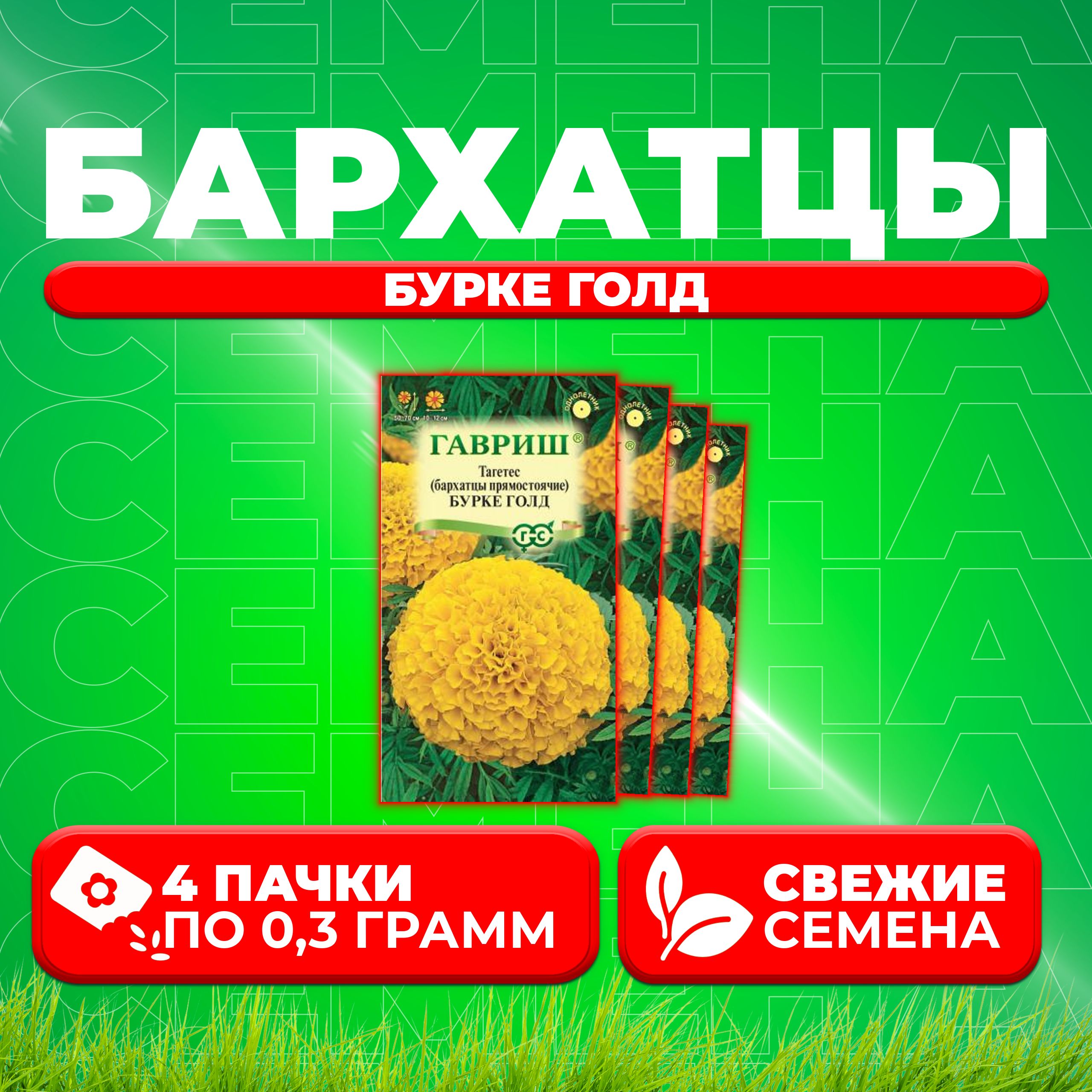 

Семена Бархатцы прямостоячие тагетес Бурке Голд, 0,3г, Гавриш 4 уп