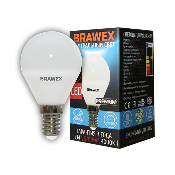 

Упаковка светодиодных ламп BRAWEX шар 7Вт 4000К G45 Е14 2007B-G45-7N 10шт