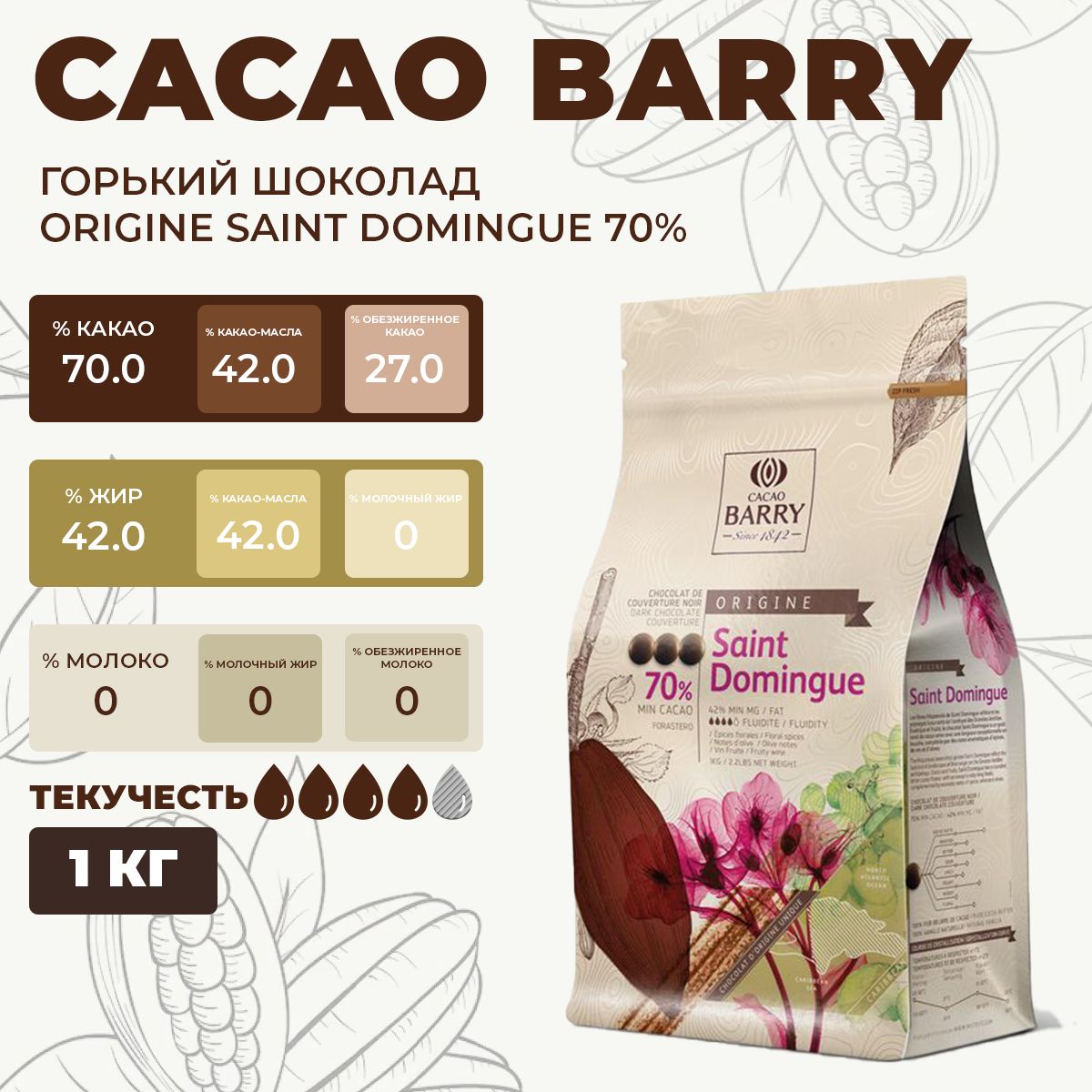 Шоколад горький Cacao Barry Origine Saint-Domingue 70 % Франция, 1кг