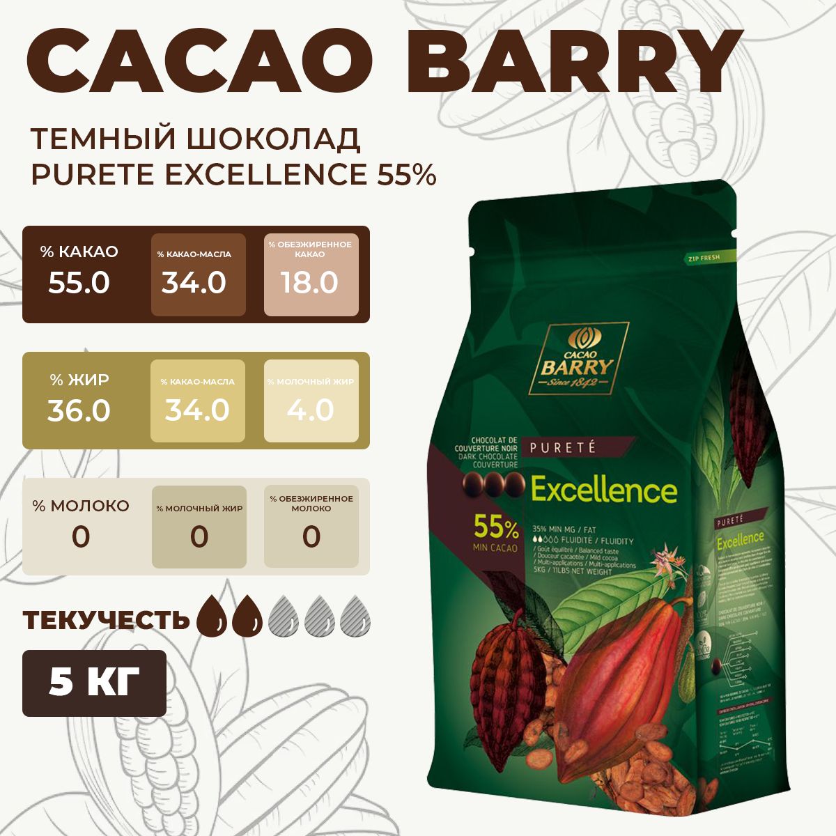 Шоколад темный Cacao Barry 55 % Excellence Франция, 5 кг