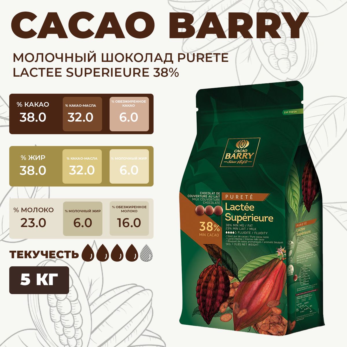 Шоколад молочный Cacao Barry 38,2 % Lactee superieure Франция, 5 кг