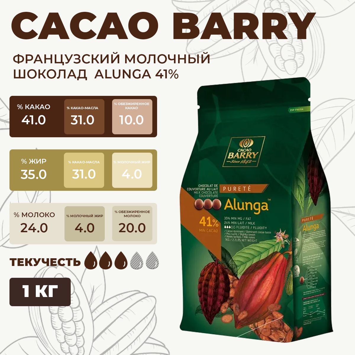 Шоколад молочный Cacao Barry 41 % Alunga, 1 кг Франция