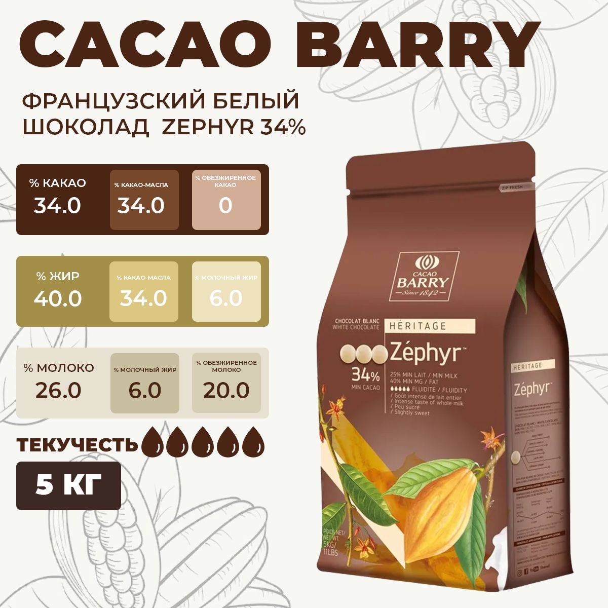

Шоколад белый Cacao Barry 34 % Zephyr Франция, 5 кг