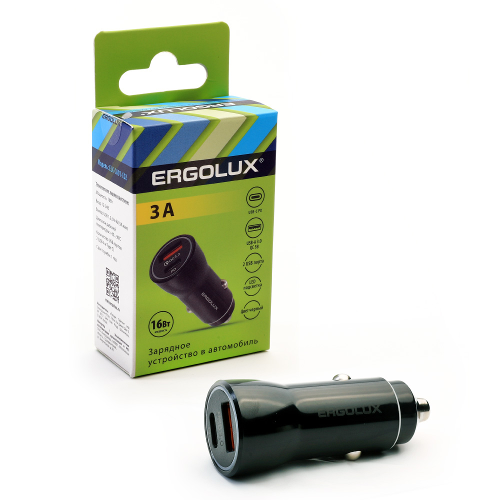 Автомобильное зарядное устройство ERGOLUX ELX-CA01-C02 1USB+1Type C