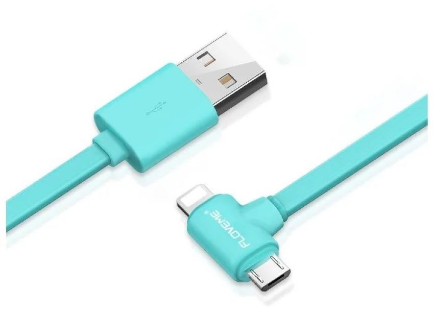 Кабель FLOVEME 2 в 1 Micro USB + lightning 1м 2.4A T образный Бирюзовый