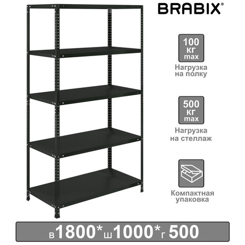 

Стеллаж металлический BRABIX "ГРАФИТ MS KD-180/50-5", лофт, 1800х1000х500 мм, 5 полок, 291, Черный