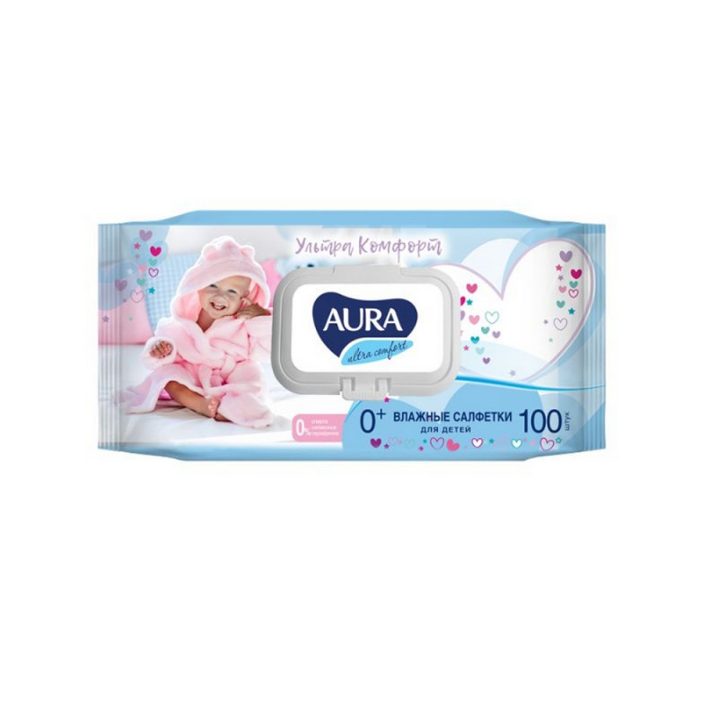 Салфетки влажные AURA для детей ULTRA COMFORT 100шт. с крышкой, (2шт.)