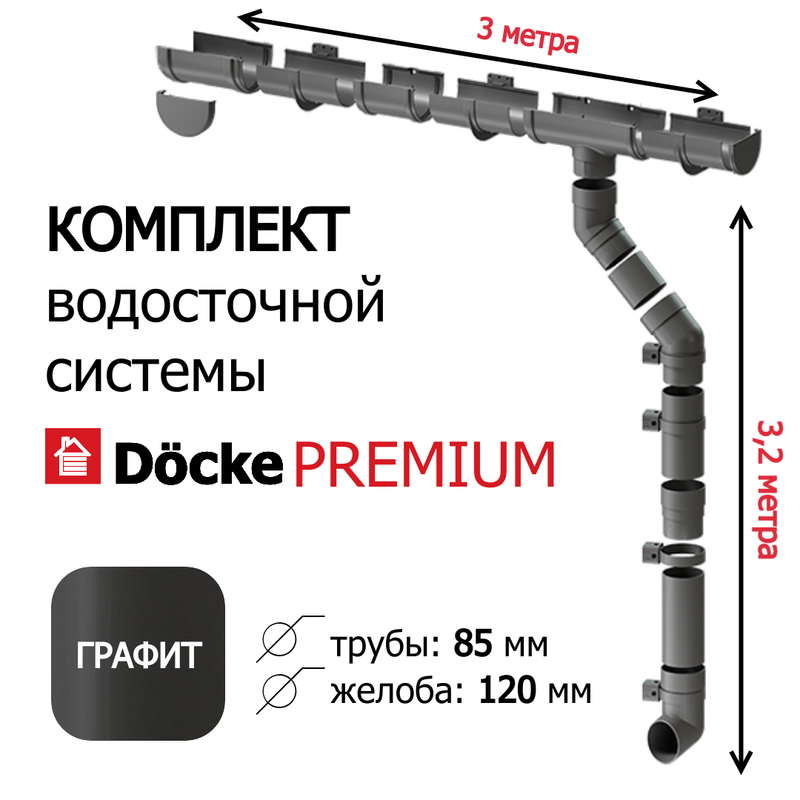 Комплект водосточной системы для крыши Docke Premium 3м х 32м графит 6090₽