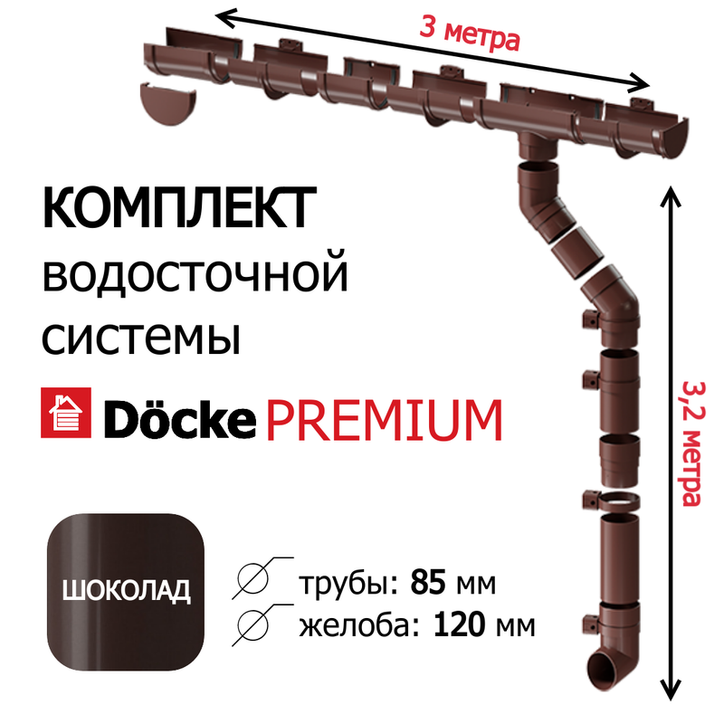 Комплект водосточной системы для крыши Docke Premium 3м х 32м шоколад 6390₽