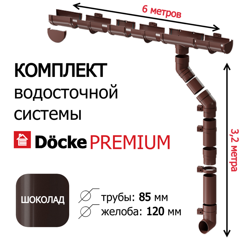 

Комплект водосточной системы для крыши Docke Premium 6м х 3,2м, шоколад, Коричневый, КВС Деке по 1м