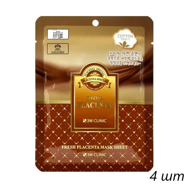

3W Clinic Тканевая маска для лица с экстрактом плаценты, 23 мл, (4шт.), kr-16237