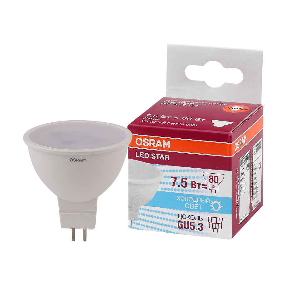 

Лампочка светодиодная OSRAM LED Star MR16, 700лм, 7.5Вт, 4000К, GU 5.3