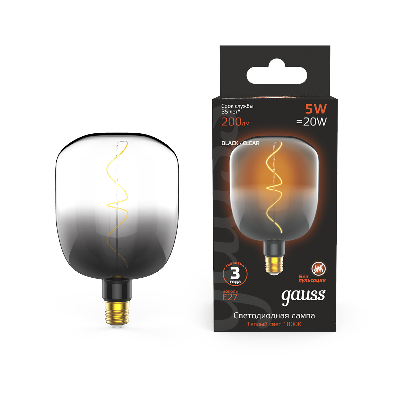 

Лампочка E27 V140 5Вт 200лм теплый свет 1800К black-clear flexible LED Gauss, Filament V140 5W 200lm 1800К Е27 black-clear flex