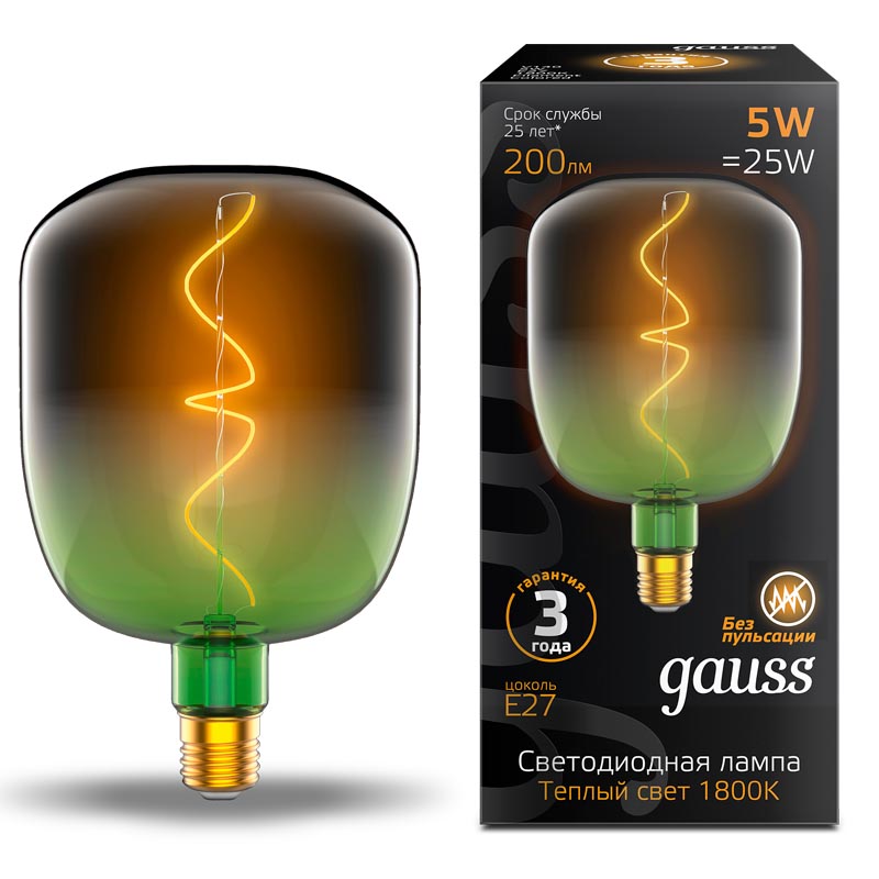 Лампочка E27 V140 5Вт 200лм теплый свет 1800К green-clear flexible LED Gauss Filament V140 5W 200lm 1800К Е27 green-clear flex