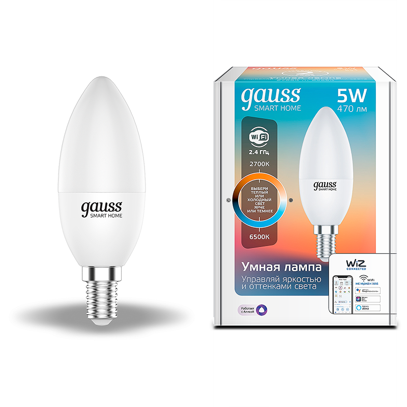 Умная Wi-Fi лампочка Gauss Smart Home С37 5W 470лм E14, диммируемая