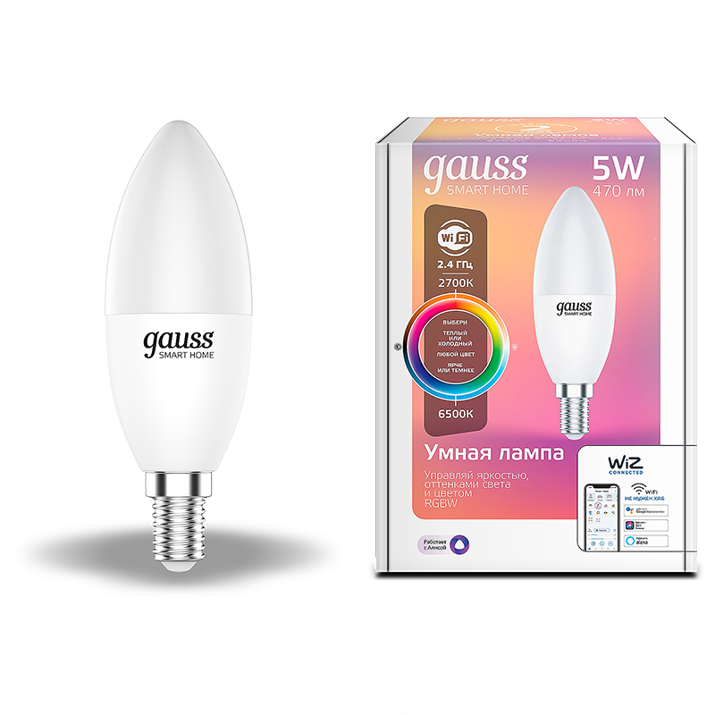 фото Умная wi-fi лампочка gauss smart home c37 5w 470лм e14