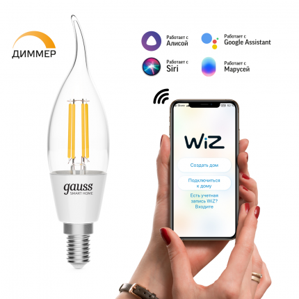 фото Умная wi-fi лампочка gauss smart home filament сf35 4,5w 495лм e14 диммируемая