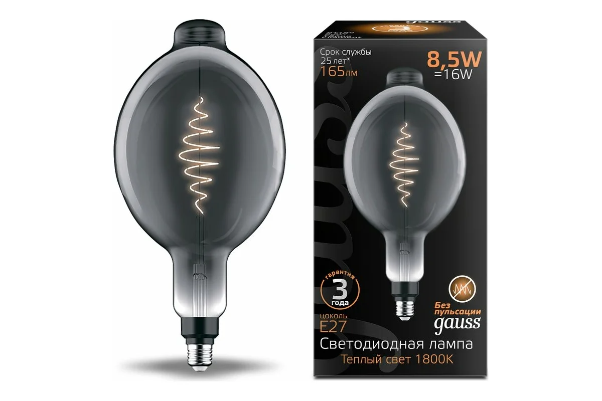 

Лампочка E27 BT180 8.5Вт 165лм теплый свет 1800К gray flexible LED Gauss, Filament BT180 8.5W 165lm 1800К Е27 gray flexible