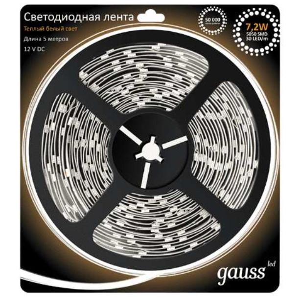 

Светодиодная лента Gauss 312000107 5м белый теплый, 5050/30-SMD 7.2W 12V DC 5m теплый белый