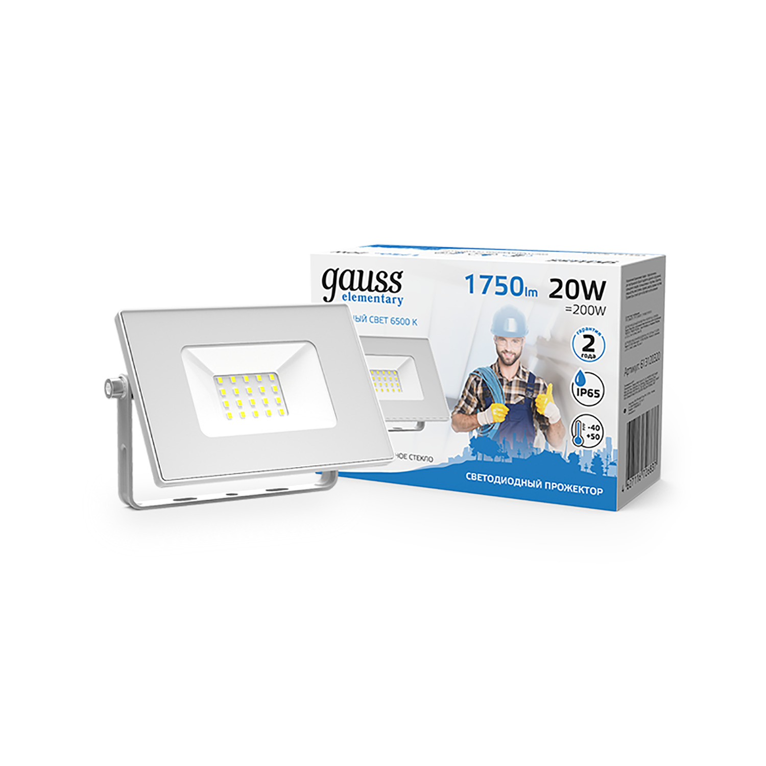 фото Прожектор gauss elementary 20w 1750lm 6500k 200-240v ip65 белый led