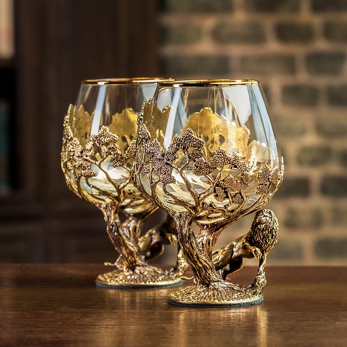 Набор бокалов для коньяка золотой лев в шкатулке