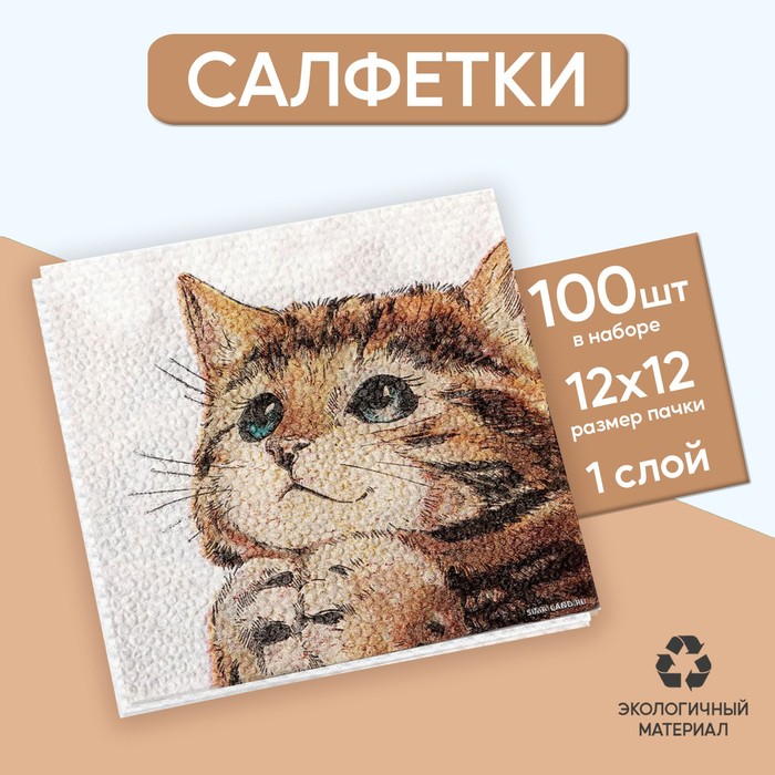 

Салфетки бумажные однослойные «Котёнок», набор 100 штук, 24x24 см, Разноцветный