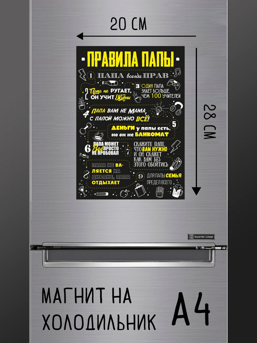 

Магнит ДержиСвет Правила Папы А4, магнит на холодильник