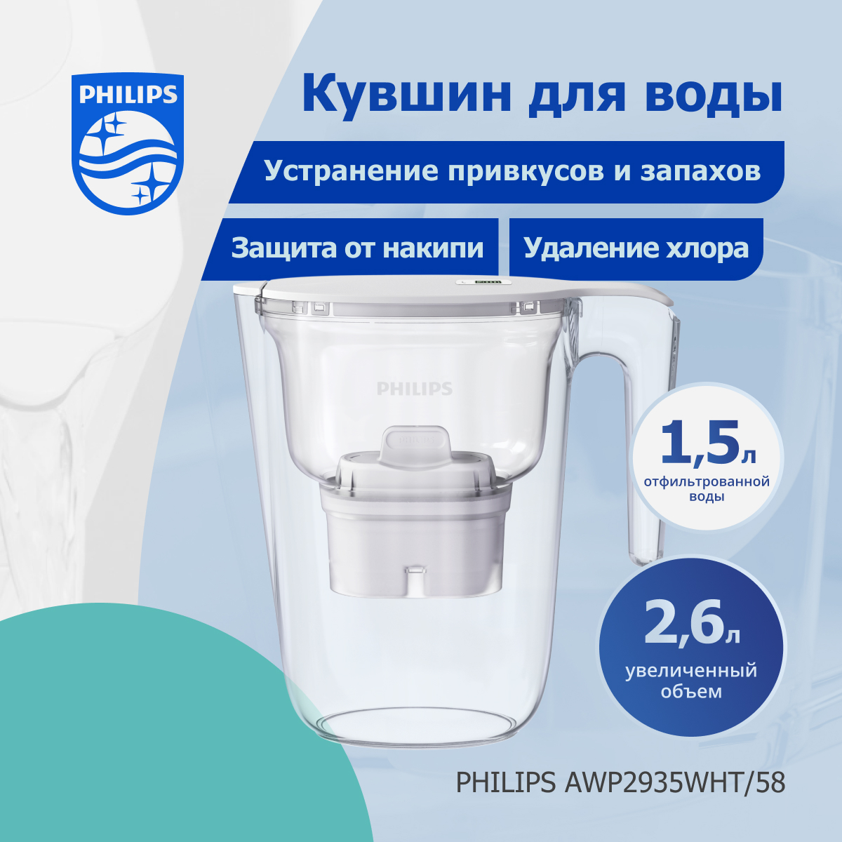 Комплект кувшин Philips AWP2935WHT58картридж Philips AWP21251 6 шт 3238₽