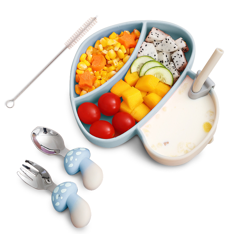 фото Силиконовый набор для кормления aiden-kids, секционная тарелка на присоске, гриб голубой