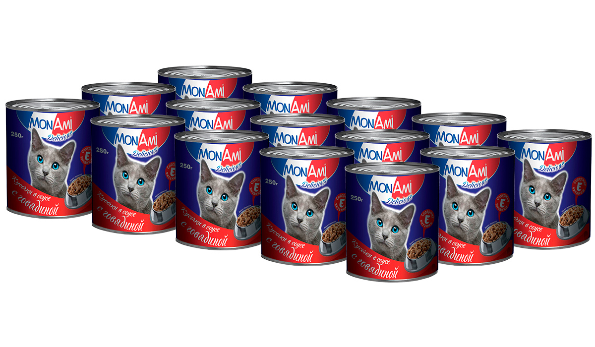 Консервы для кошек MonAmi Delicious кусочки в соусе с говядиной, 15шт по 250г