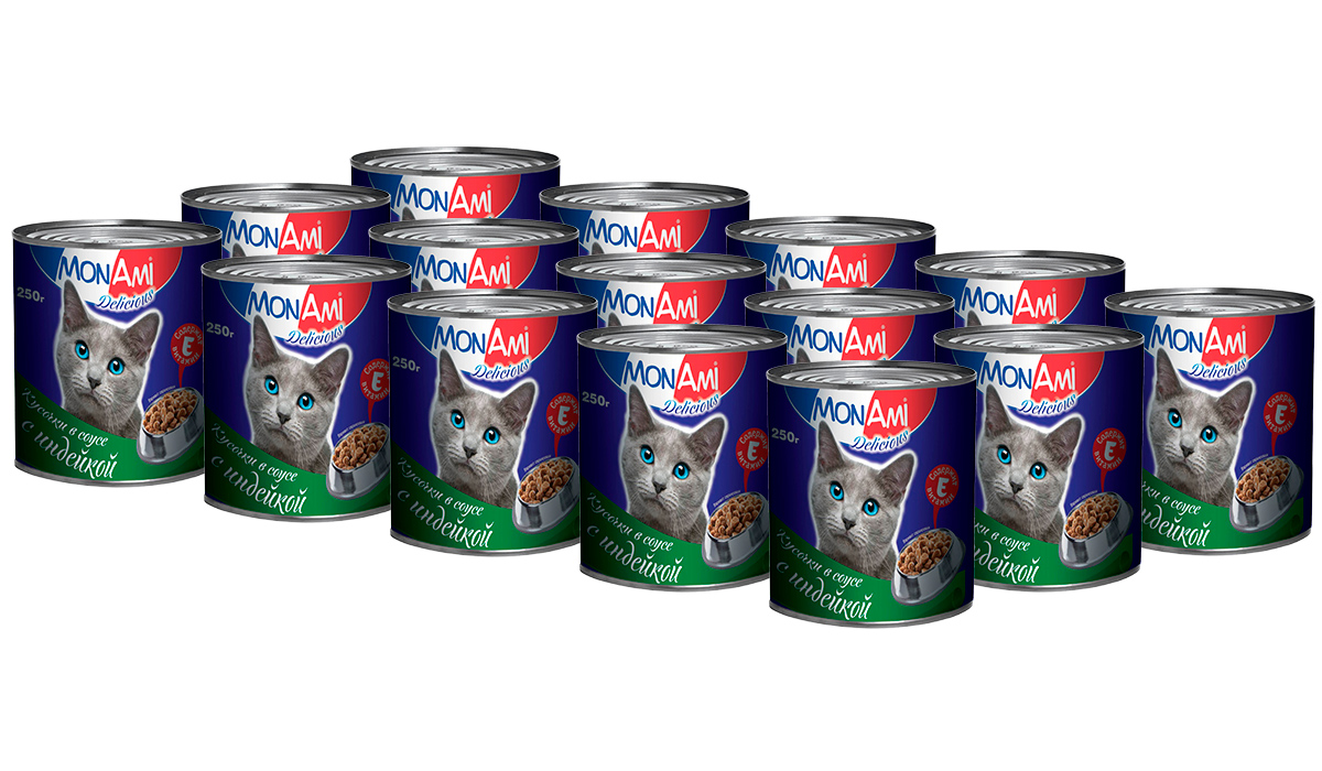 Консервы для кошек MonAmi Delicious кусочки в соусе с индейкой, 15шт по 250г