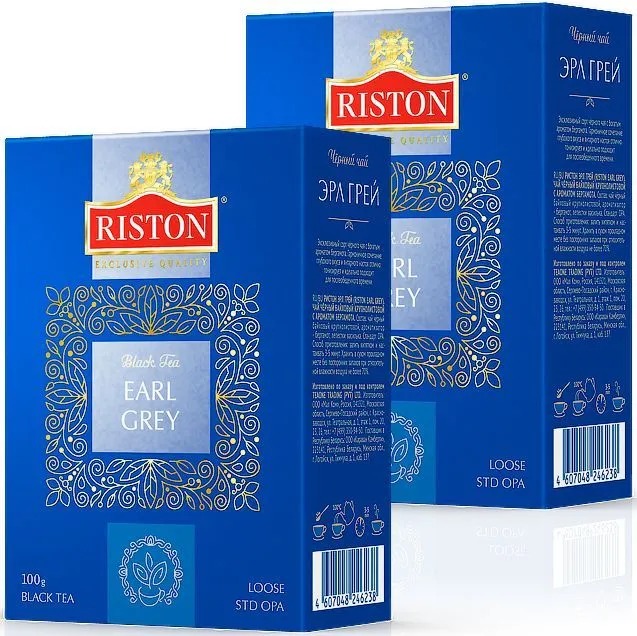 фото Чай листовой черный riston earl grey с ароматом бергамота, 2 пачки по 100 г