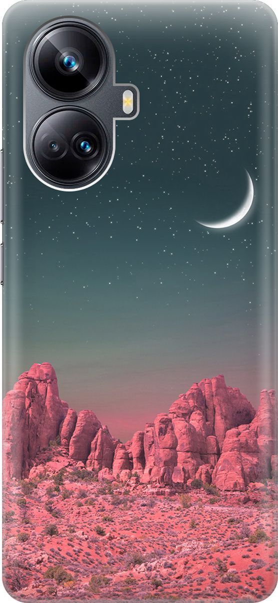

Чехол на Realme 10 Pro+ "Месяц над розовыми горами", Розовый;черный, 158632
