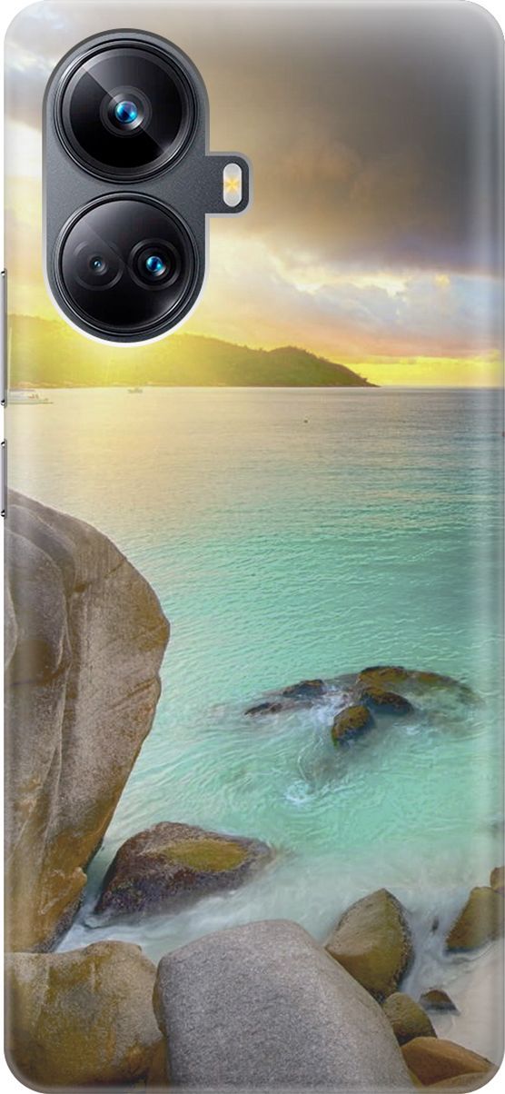 

Чехол на Realme 10 Pro+ "Закат на каменистом берегу", Бирюзовый;желтый, 158632