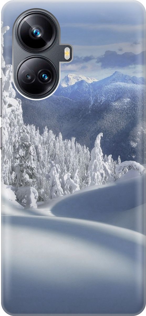 

Чехол на Realme 10 Pro+ "Заснеженный лес и горы", Белый;голубой, 158627