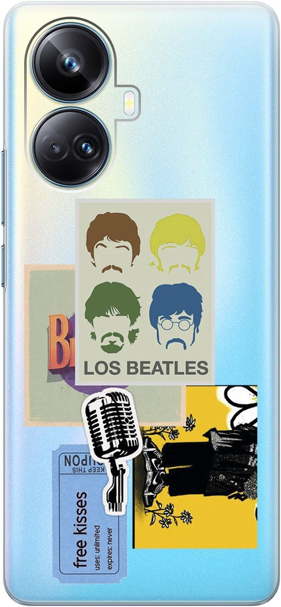 

Чехол на Realme 10 Pro+ "Beatles Stickers" прозрачный, Прозрачный;бежевый, 158640