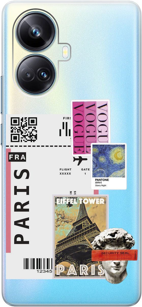 

Чехол на Realme 10 Pro+ "Paris Stickers" прозрачный, Прозрачный;бежевый, 158640