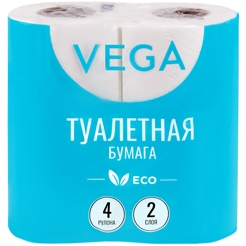 Бумага туалетная Vega 2-слойная, 4шт., эко, 15м, тиснение, белая туалетная бумага aro белая 2 слоя 4шт