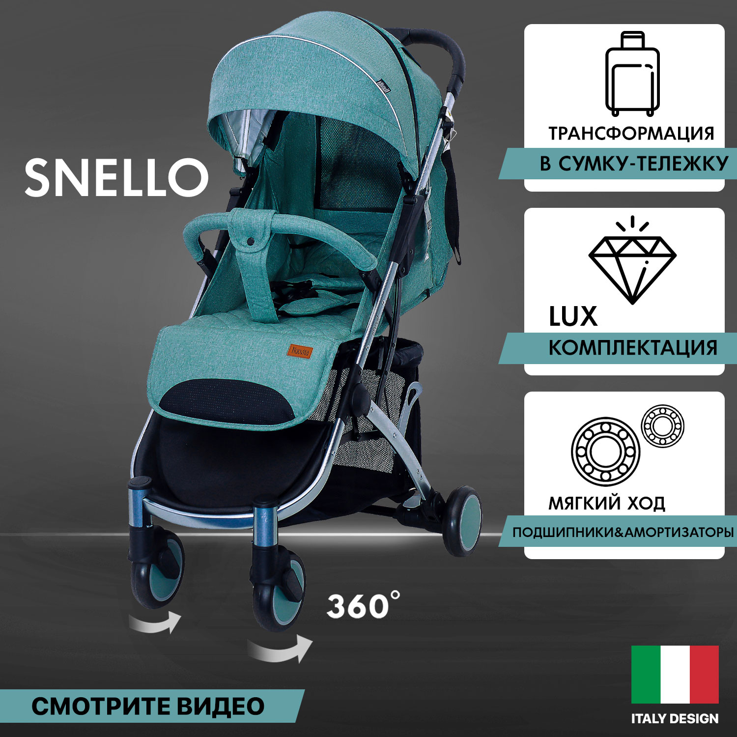 фото Коляска прогулочная nuovita snello grigio verde серо зеленый