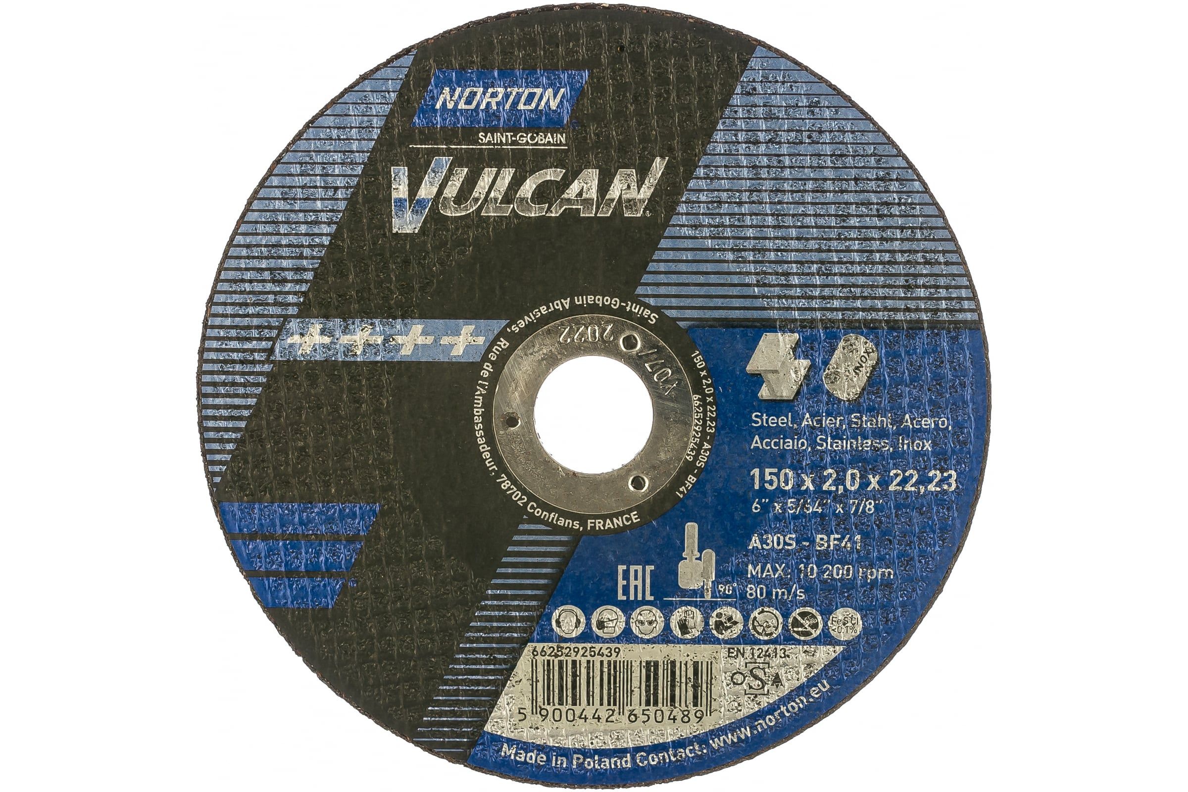 

Диск отрезной по металлу 150х2,0x22,23 мм. NORTON VULCAN, 66252925439