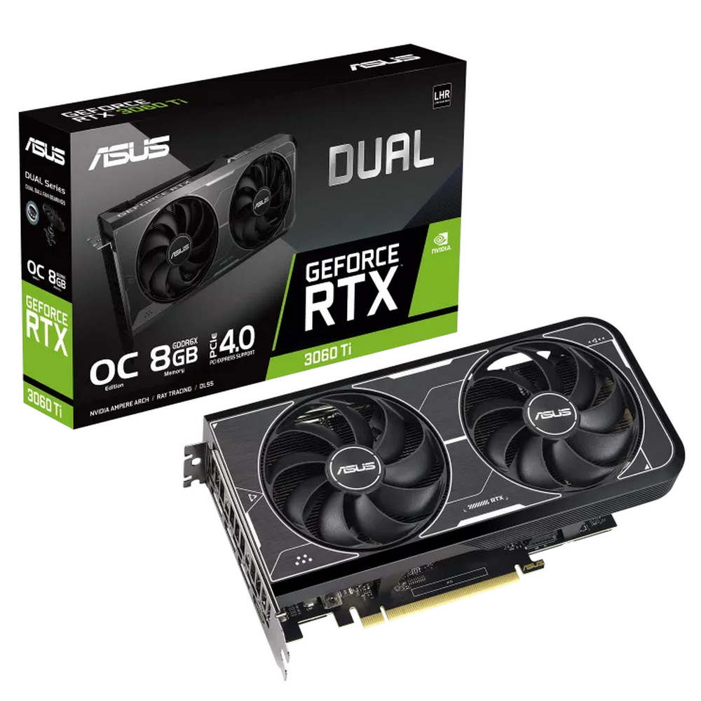 

Видеокарта ASUS NVIDIA GeForce RTX 3060 Ti DUAL OC Edition (DUAL-RTX3060TI-O8GD6X), Черный, GeForce RTX 3060 Ti DUAL OC Edition