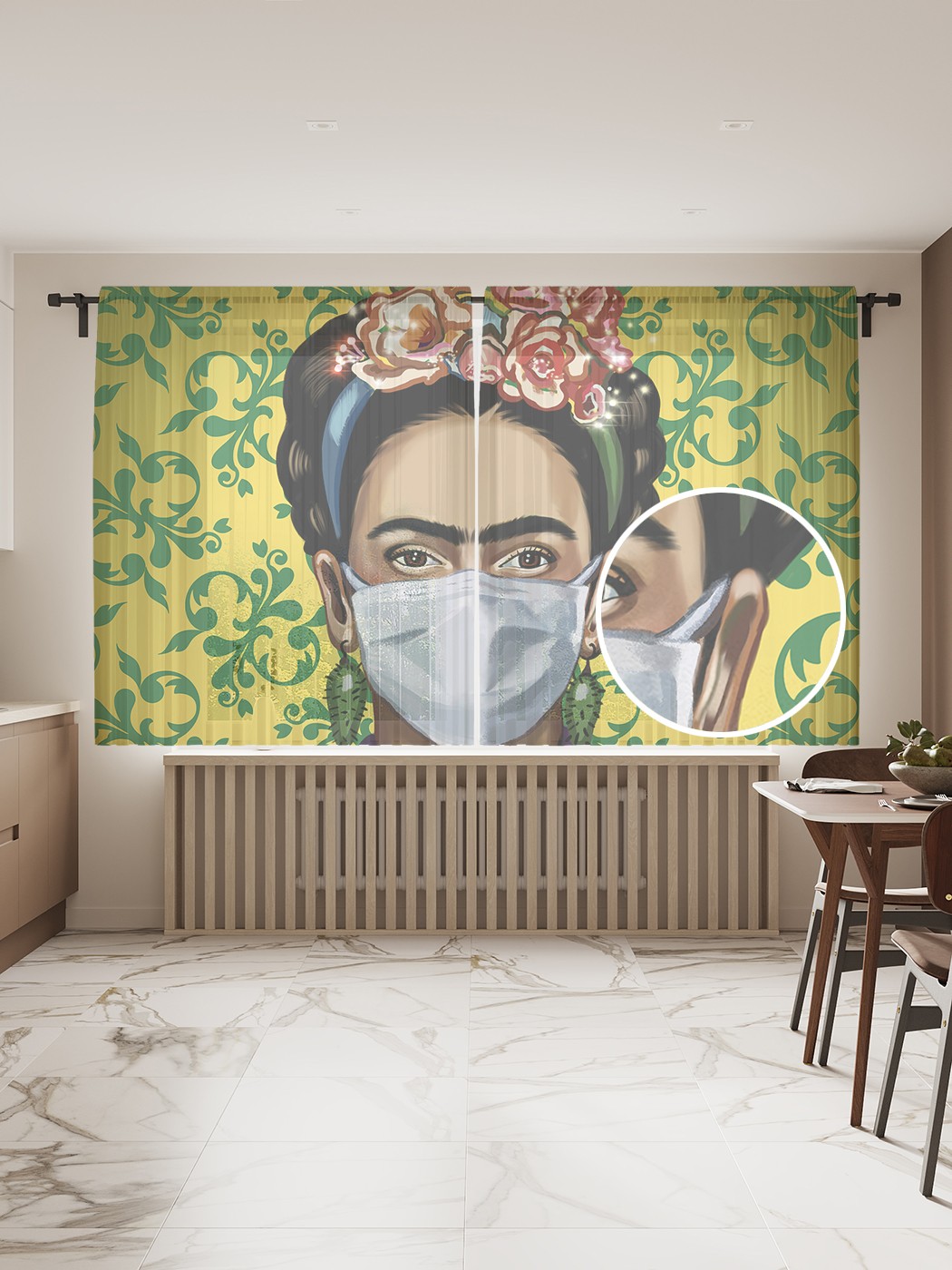 фото Фототюль joyarty "фрида в маске", 145x180 см (2 полотна со шторной лентой + 50 крючков)