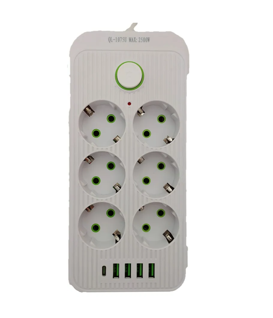 

Удлинитель сетевой фильтр 3 метра 6 розеток + 4 USB + 1 Type-C белый