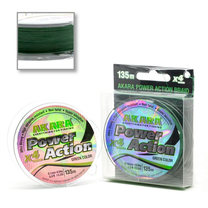

Шнур рыболовный плетеный Akara Power Action X-4 Green 135 м 0,16, Зеленый, Power Action X-4 Green 135м.