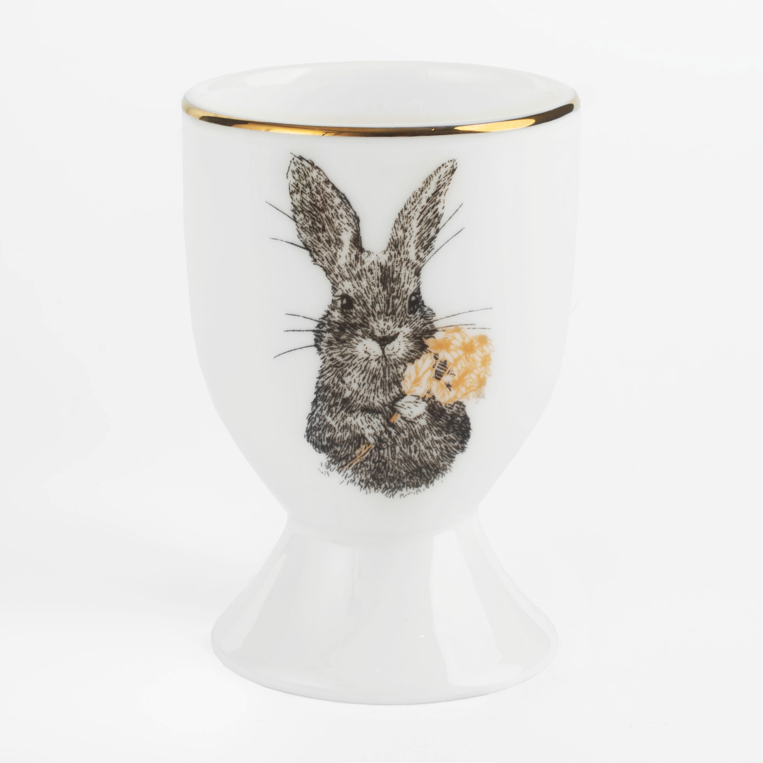 Подставка для яйца 7 см фарфор F белая с золотистым кантом Кролик с цветами Rabbit gold