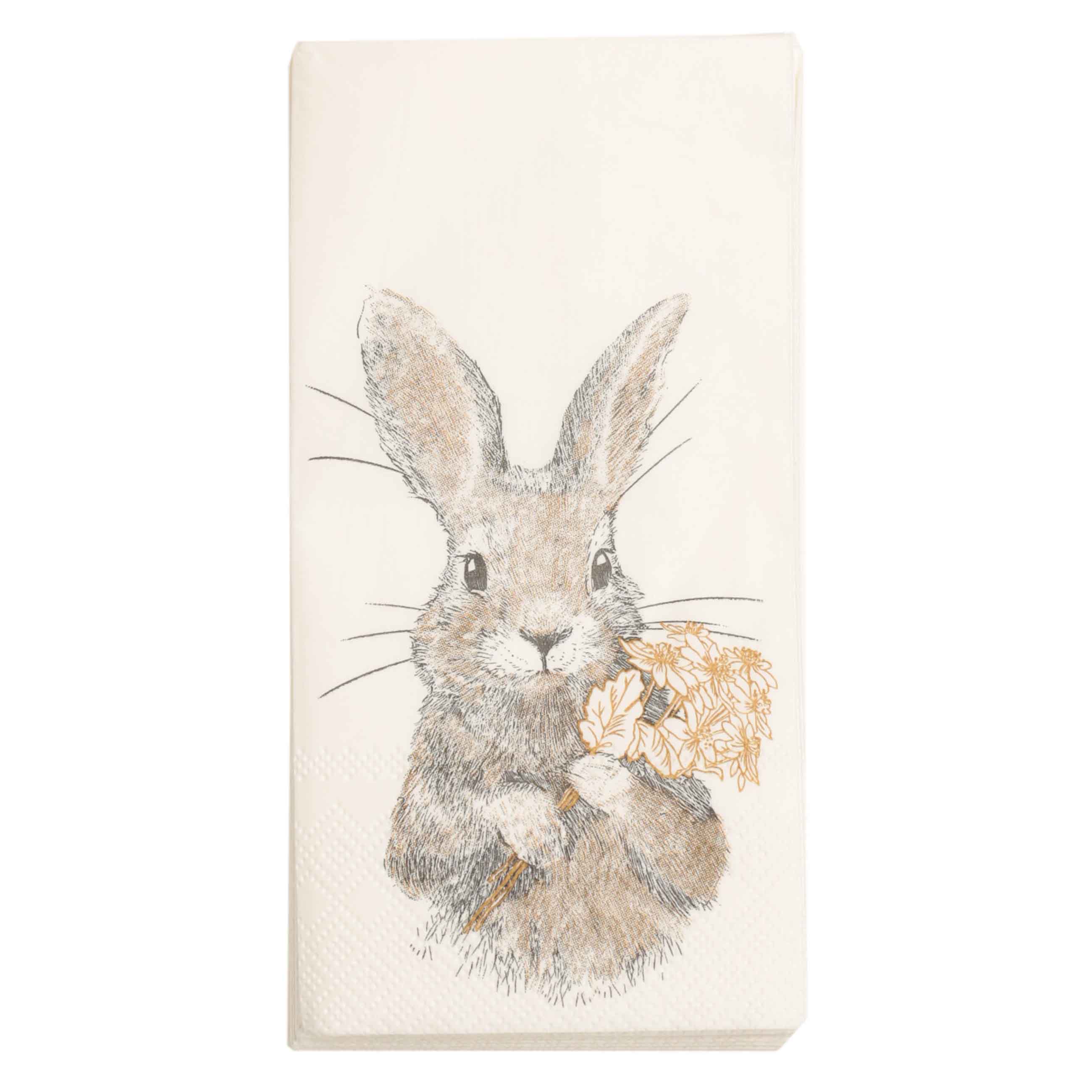 Салфетки бумажные, 33x33 см, 20 шт, прямоугольные, белые, Кролик с цветами, Easter gold