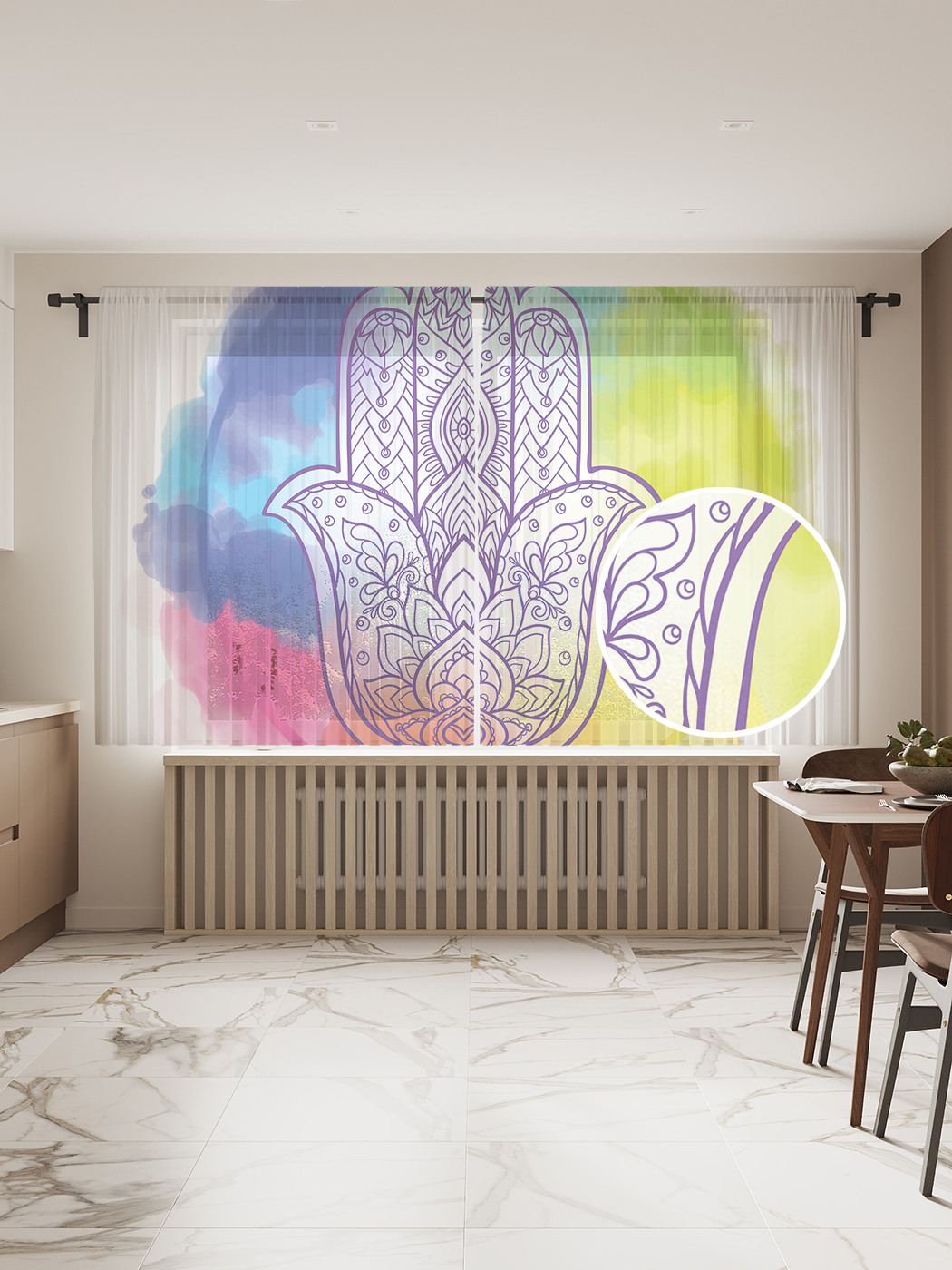 

Фототюль JoyArty "Хамса в радужном кругу", 145x180см (2 полотна с лентой + 50 крючков), Хамса в радужном кругу