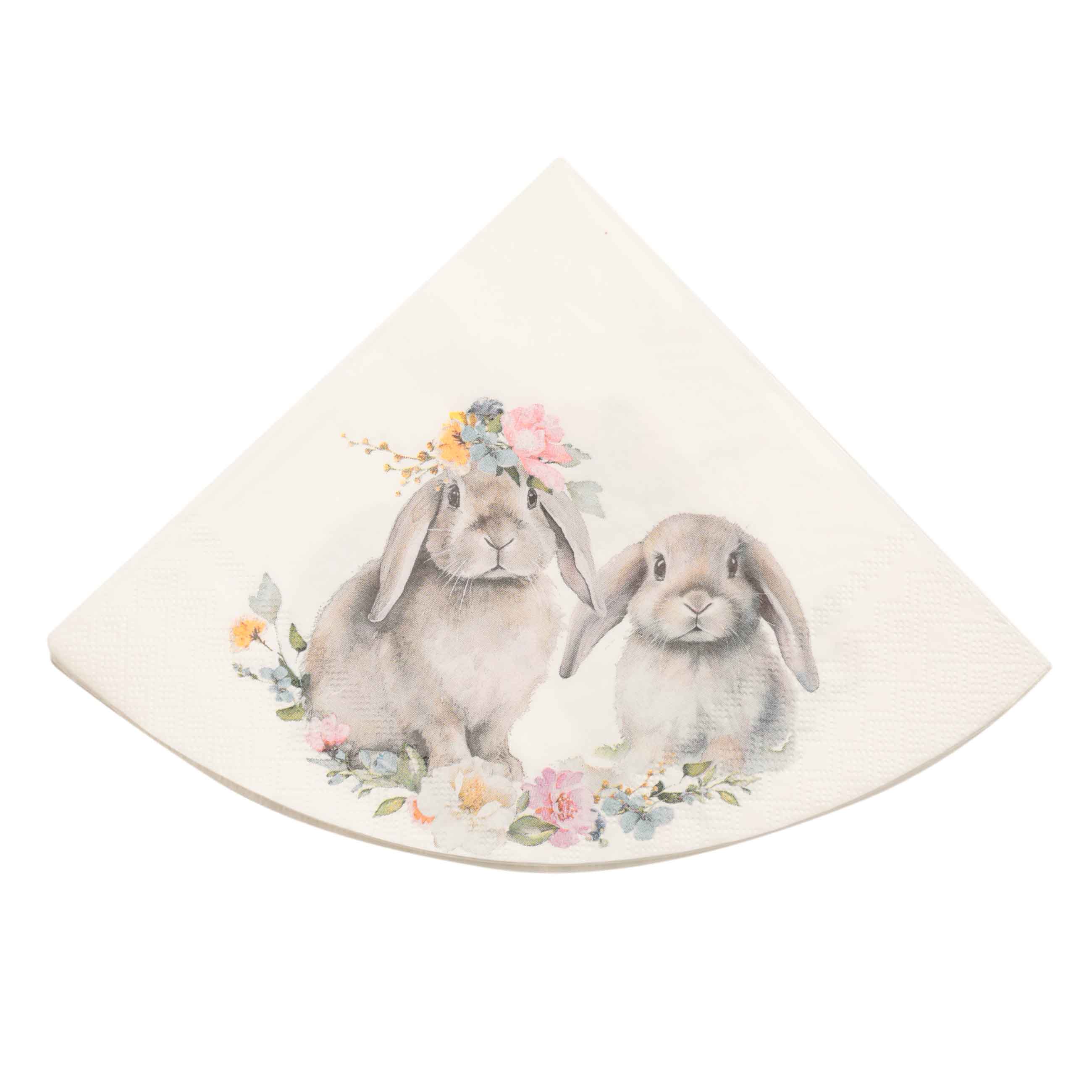 Салфетки бумажные, 33x33 см, 20 шт, круглые, белые, Кролики с цветами, Pure Easter