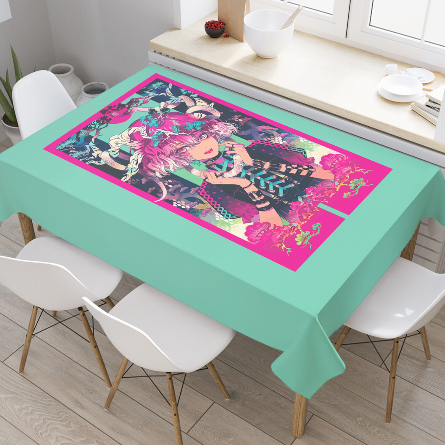 

Водоотталкивающая скатерть на стол JoyArty с рисунком Девочка со змеей 145 на 180 см, Зеленый, Девочка со змеей